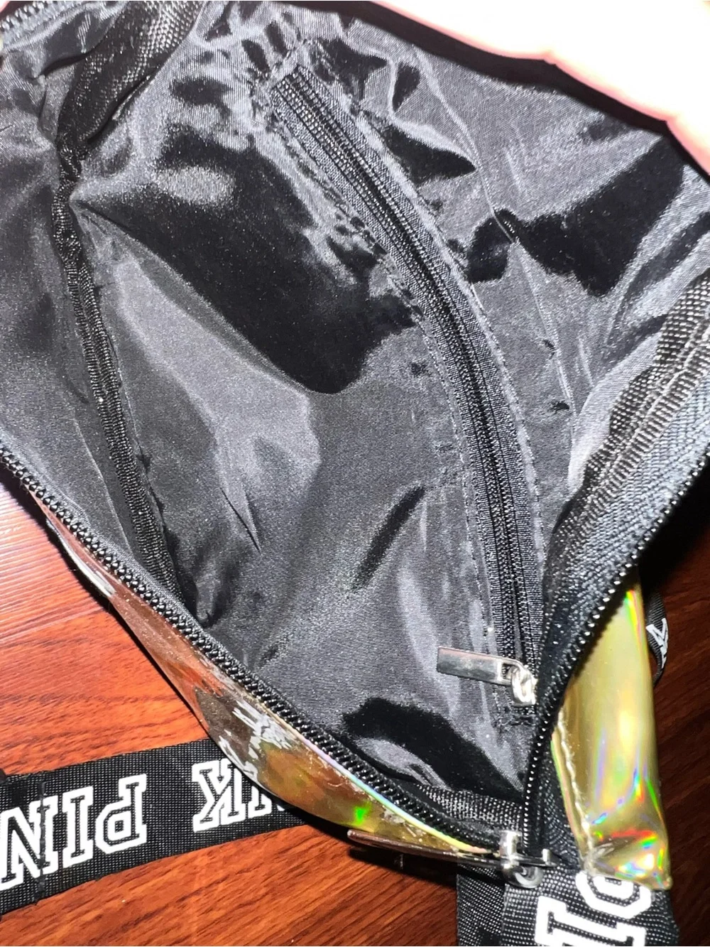 PINK Victoria's Secret Holographic Gold Belt Bag with Branded Black Strap